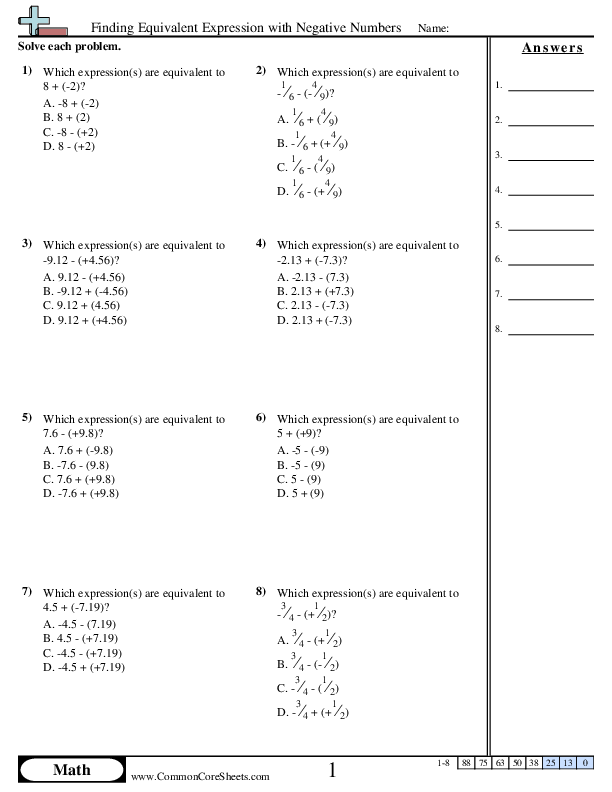 Negative Number Worksheets - Finding Equivalent Expression with Negative Numbers worksheet